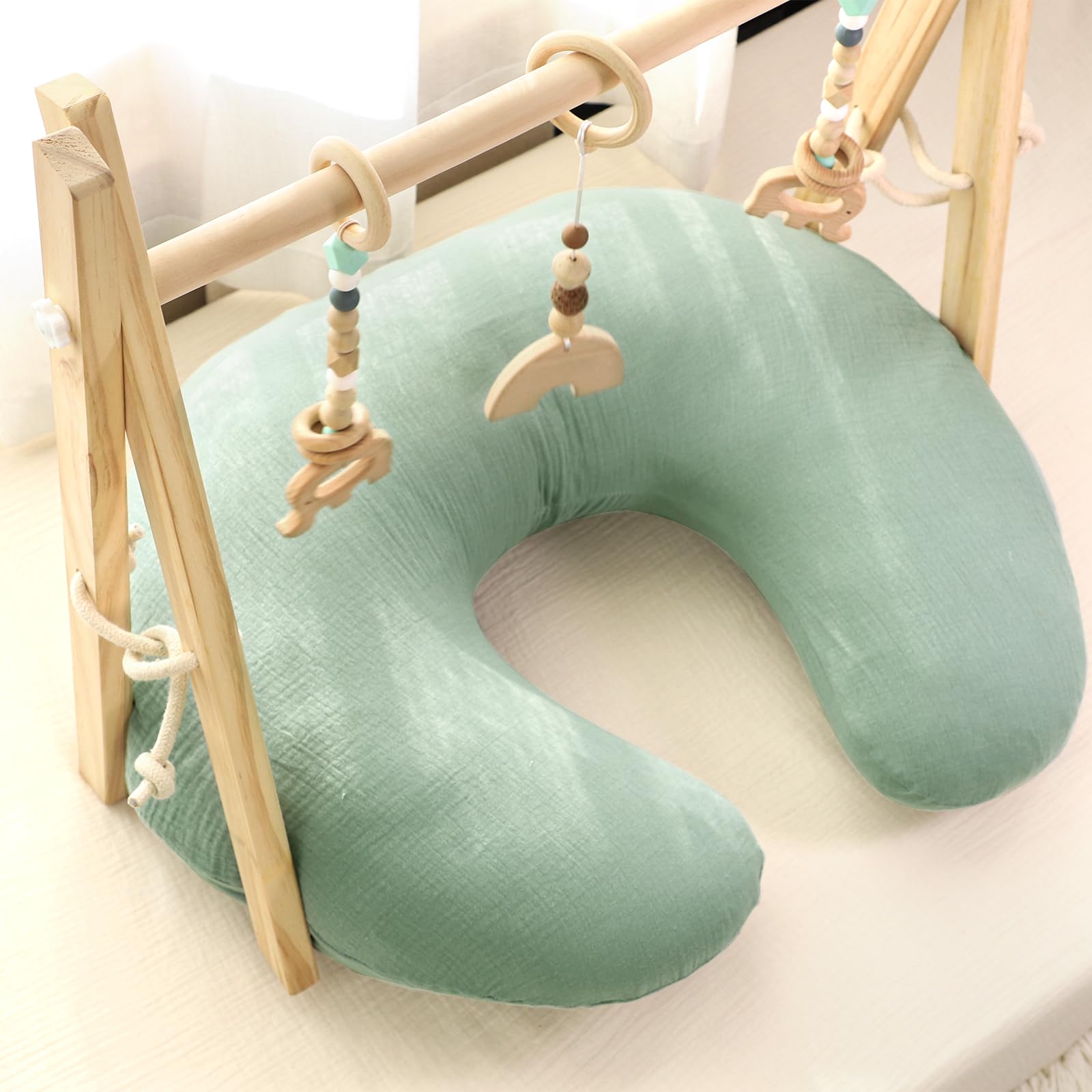 Hooyax muslin nursing pillow cover reinforced stitching highlights durability for daily use.