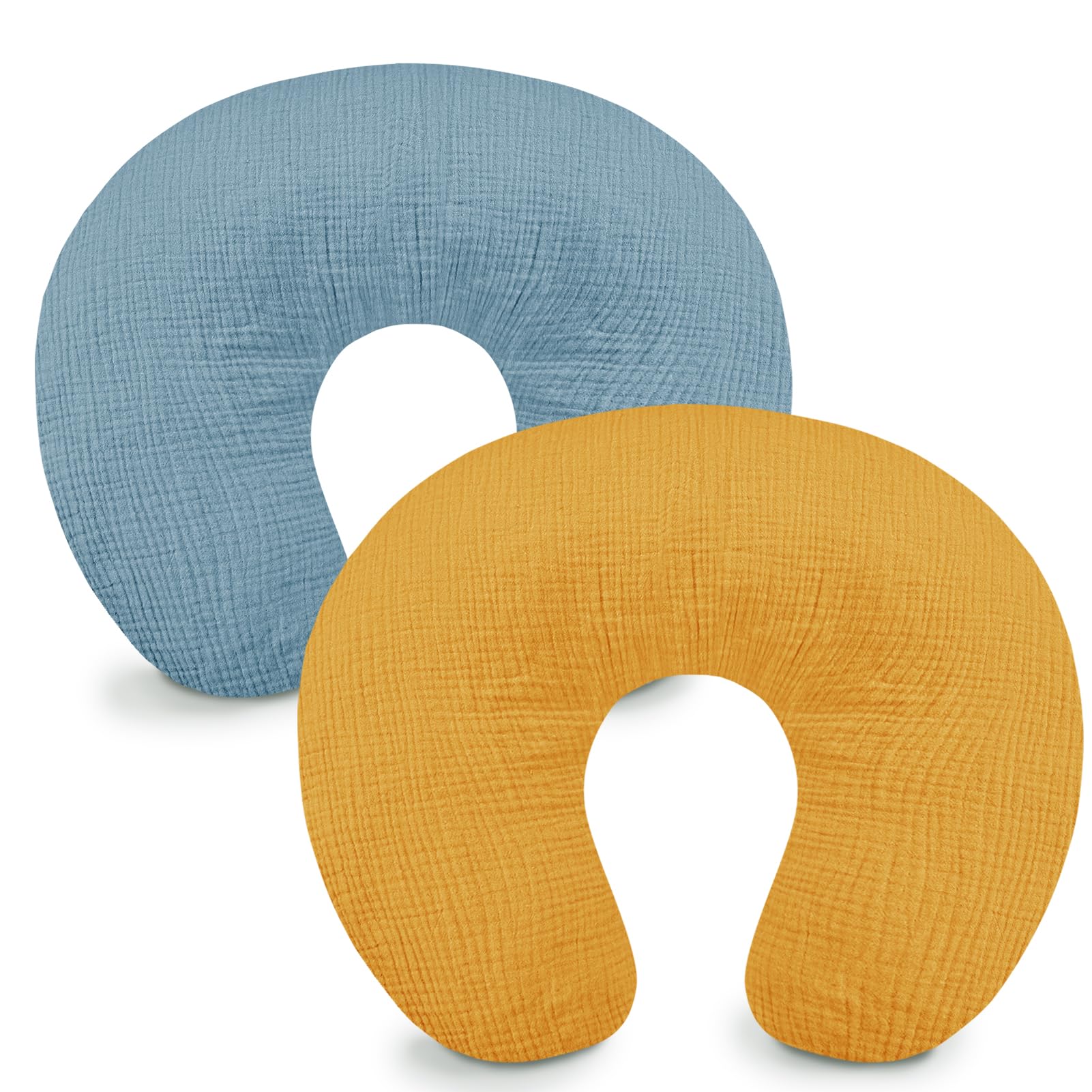 Hooyax Muslin Nursing Pillow Cover blue ginger front view shows soft breathable fabric for comfortable feeds