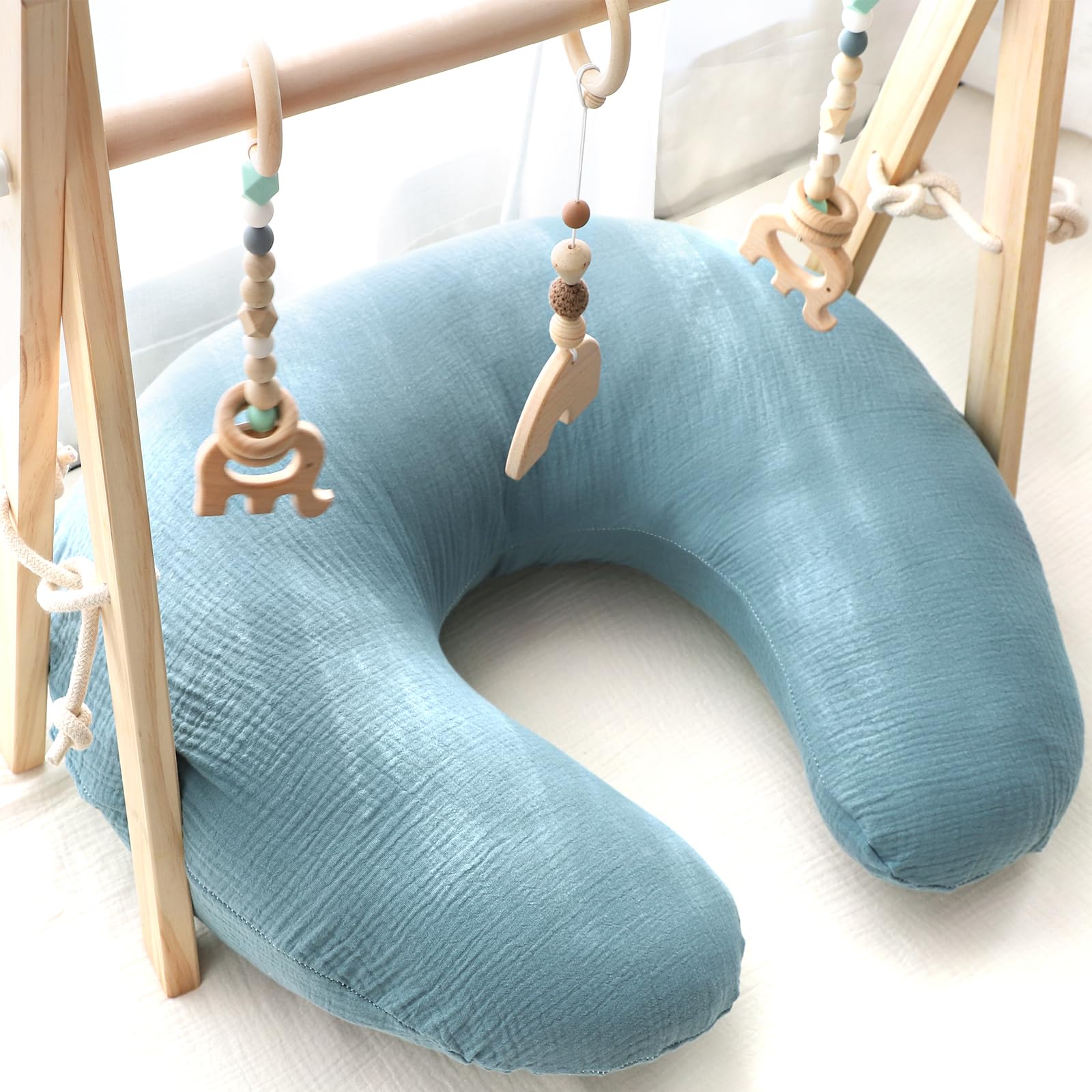 Hooyax Muslin Nursing Pillow Cover blue ginger washable close-up shows easy care