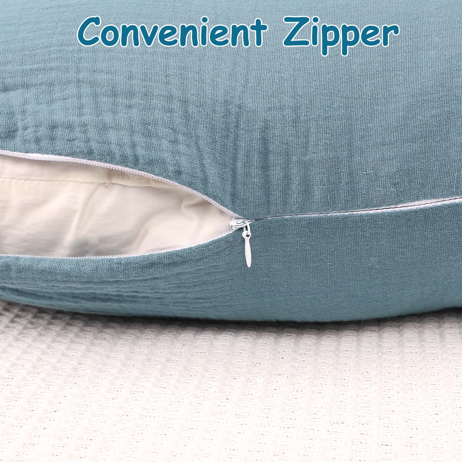 Hooyax muslin nursing pillow cover blue-grey zipper-detail highlights invisible zipper for quick changes.