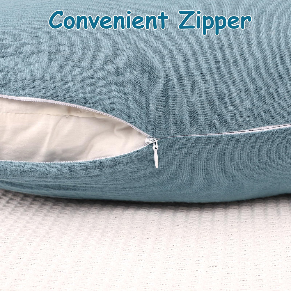 Hooyax muslin nursing pillow cover blue-grey zipper-detail highlights invisible zipper for quick changes.