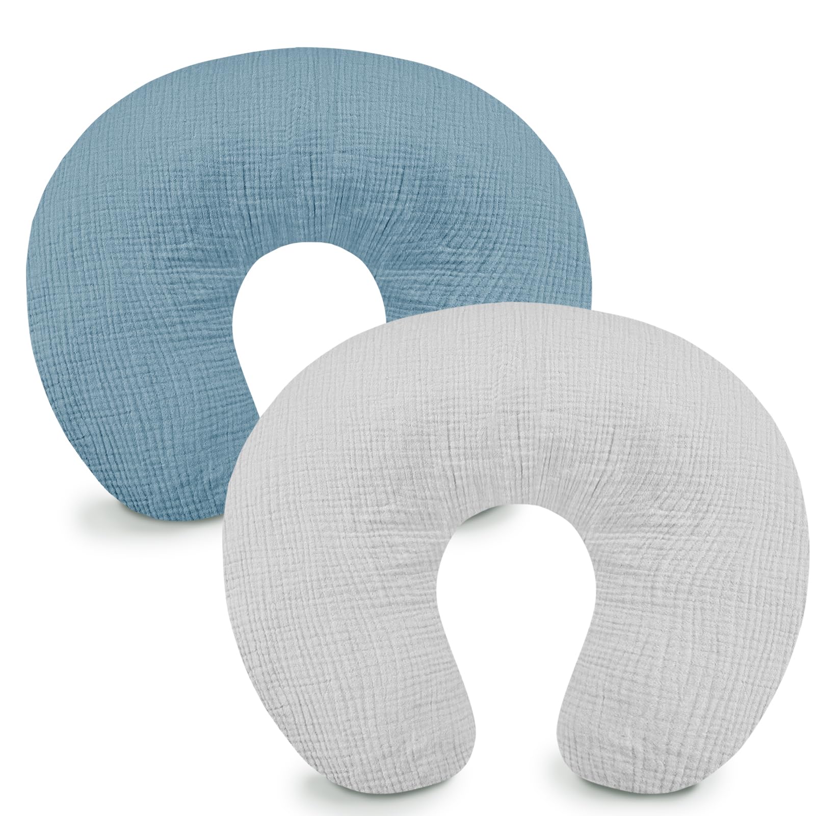 Hooyax muslin nursing pillow cover blue-grey table-closeup shows ultra-soft breathable fabric for comfy feeds.
