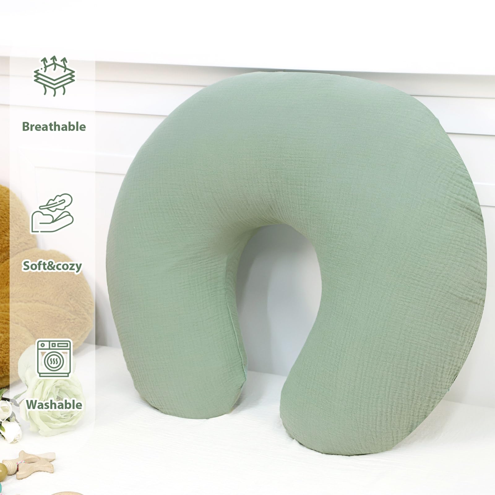 Hooyax Muslin Nursing Pillow Cover green color complements nursery decor beautifully.