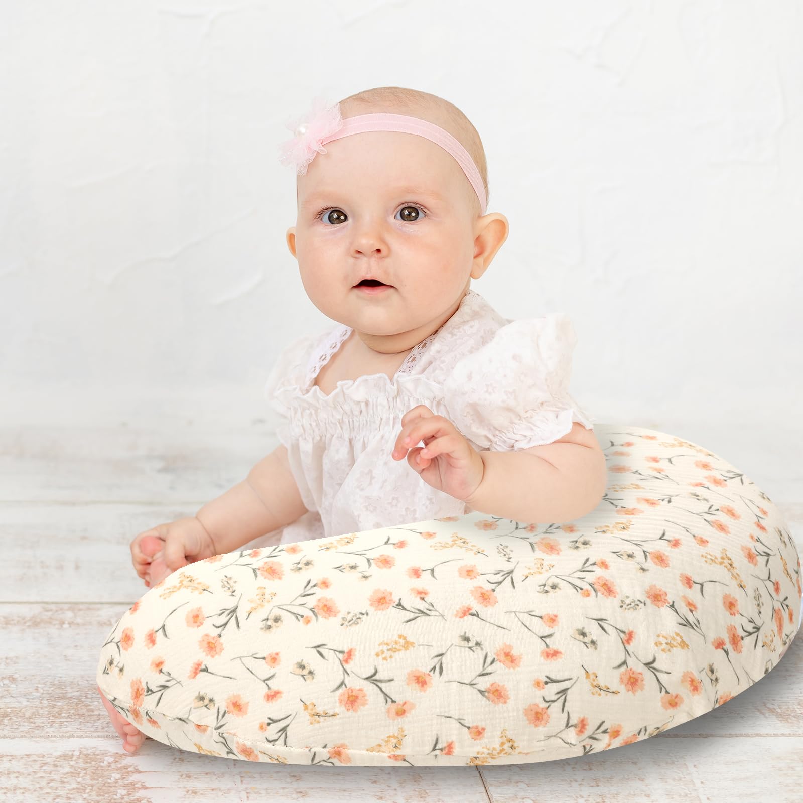 Hooyax muslin nursing pillow cover pink floral back view shows durable fabric with fade resistance