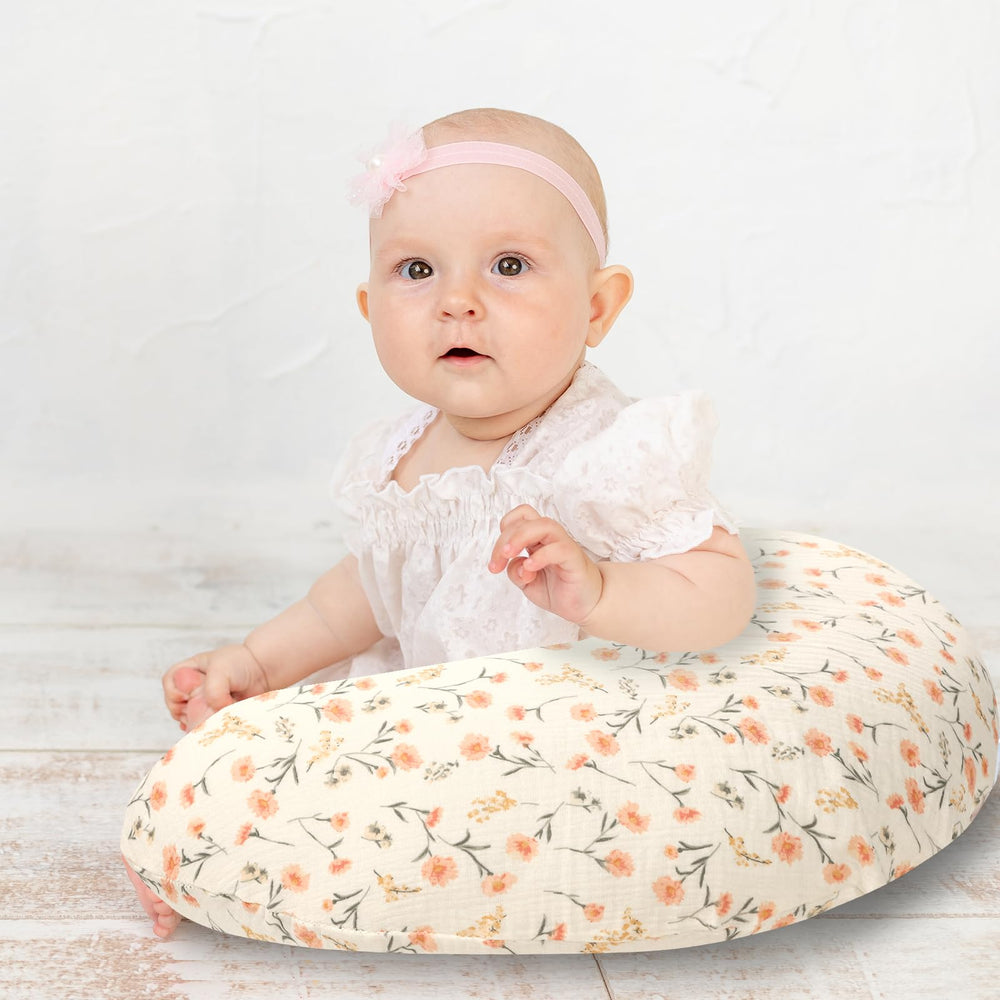 Hooyax muslin nursing pillow cover pink floral back view shows durable fabric with fade resistance