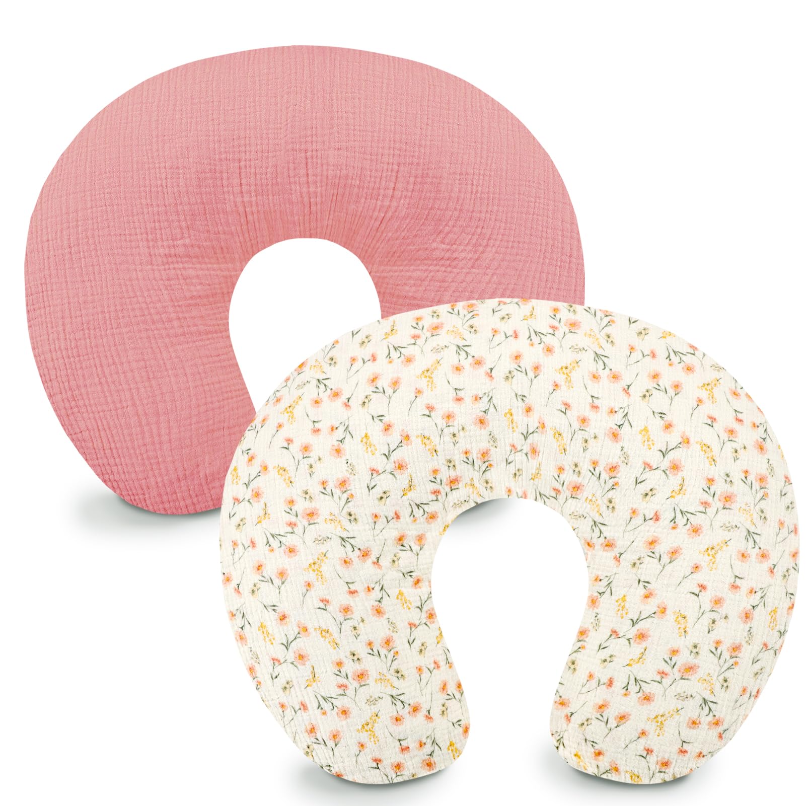 Hooyax muslin nursing pillow cover pink floral front close shows soft breathable fabric for baby comfort
