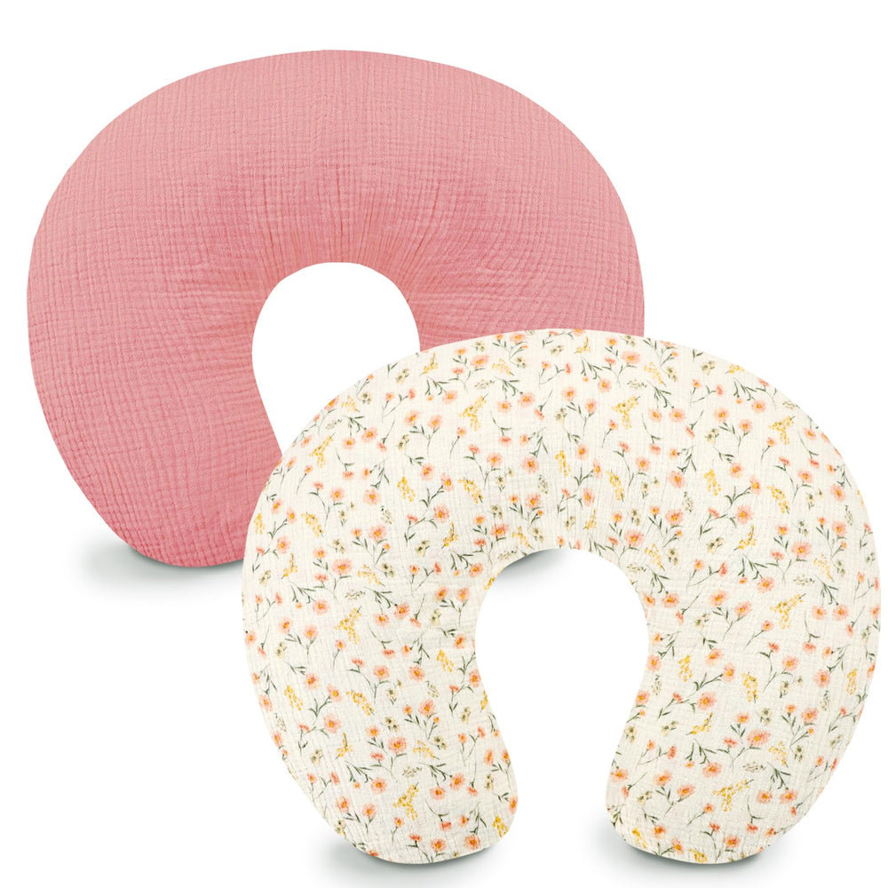 Hooyax muslin nursing pillow cover pink floral front close shows soft breathable fabric for baby comfort