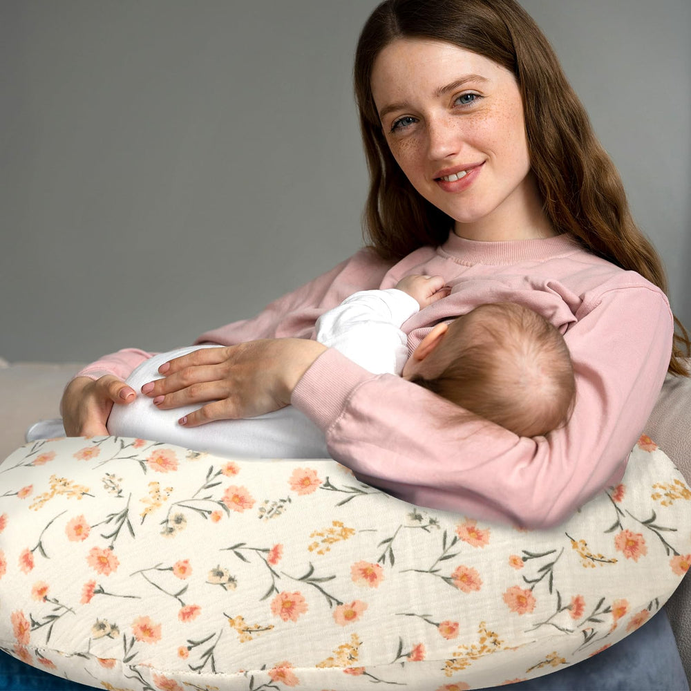 Hooyax muslin nursing pillow cover pink floral invisible zipper near edge for easy slip-on