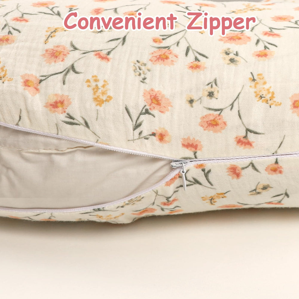 Hooyax muslin nursing pillow cover pink floral material detail showcases 100% muslin softness