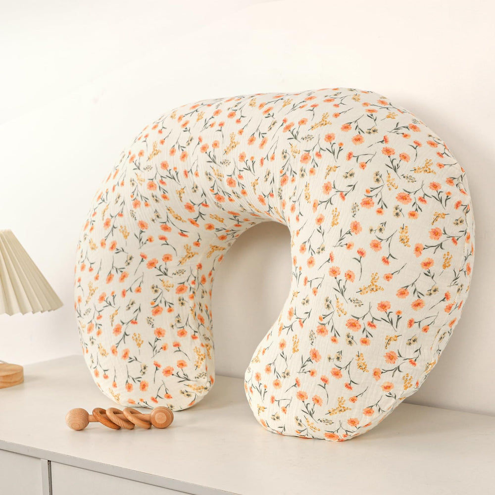 Hooyax muslin nursing pillow cover pink floral stitching close-up reveals reinforced seams for durability
