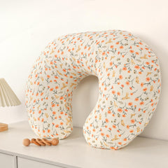Hooyax muslin nursing pillow cover pink floral stitching close-up reveals reinforced seams for durability