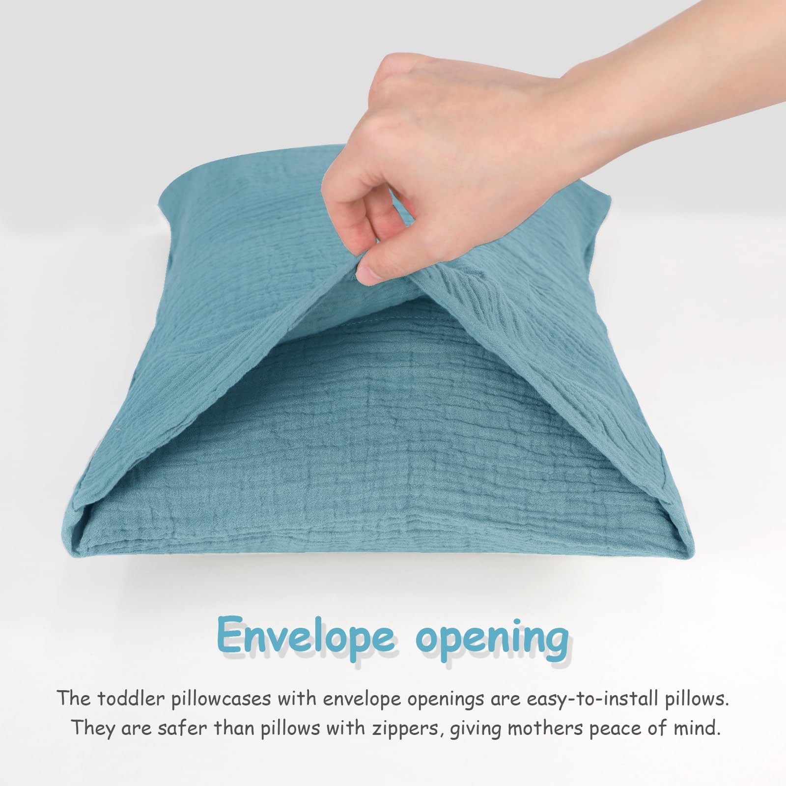 Hooyax toddler pillowcase blue envelope-closure demonstrates secure fit for 13x18 pillows.