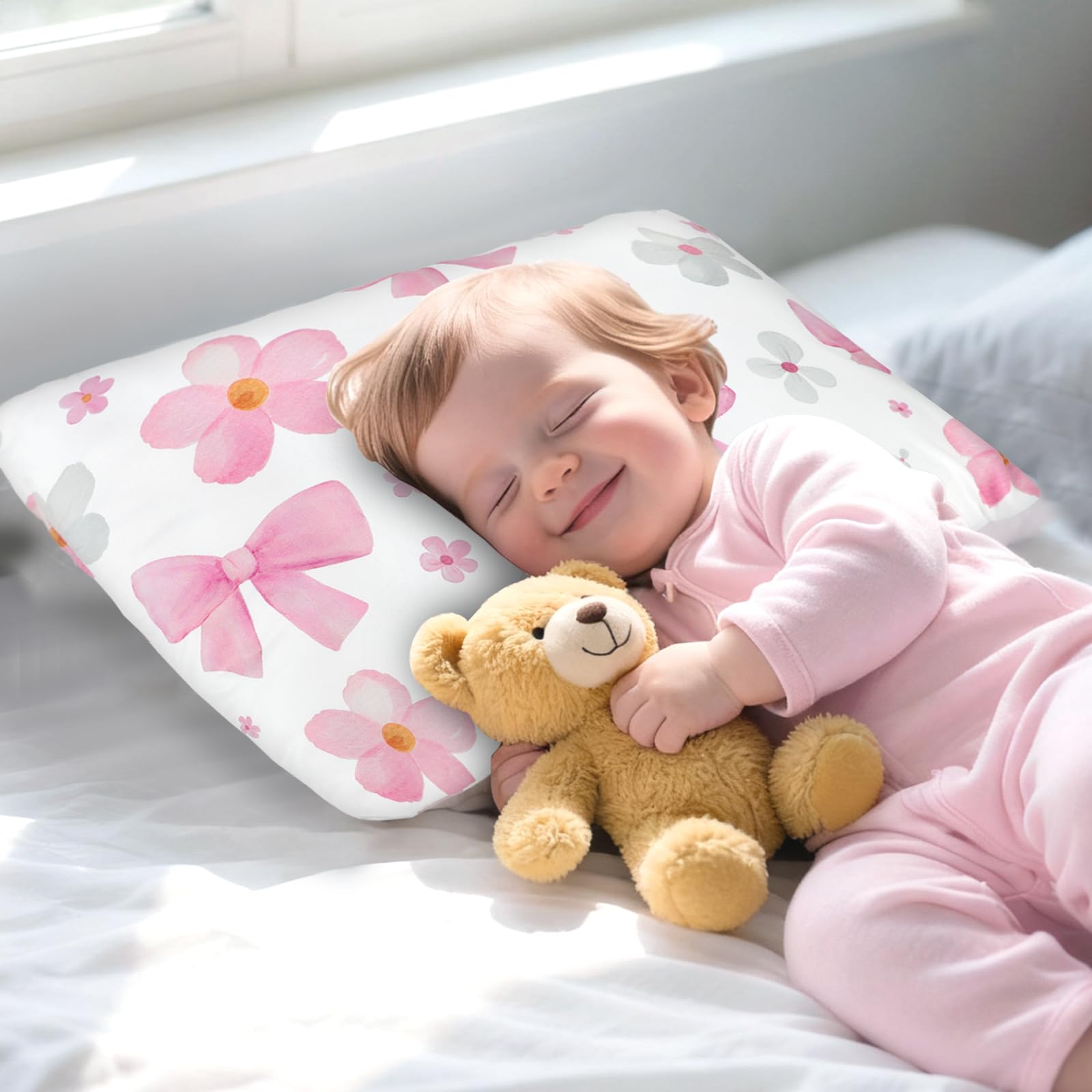 Hooyax toddler pillowcase bow-flower print, travel-friendly with envelope closure.