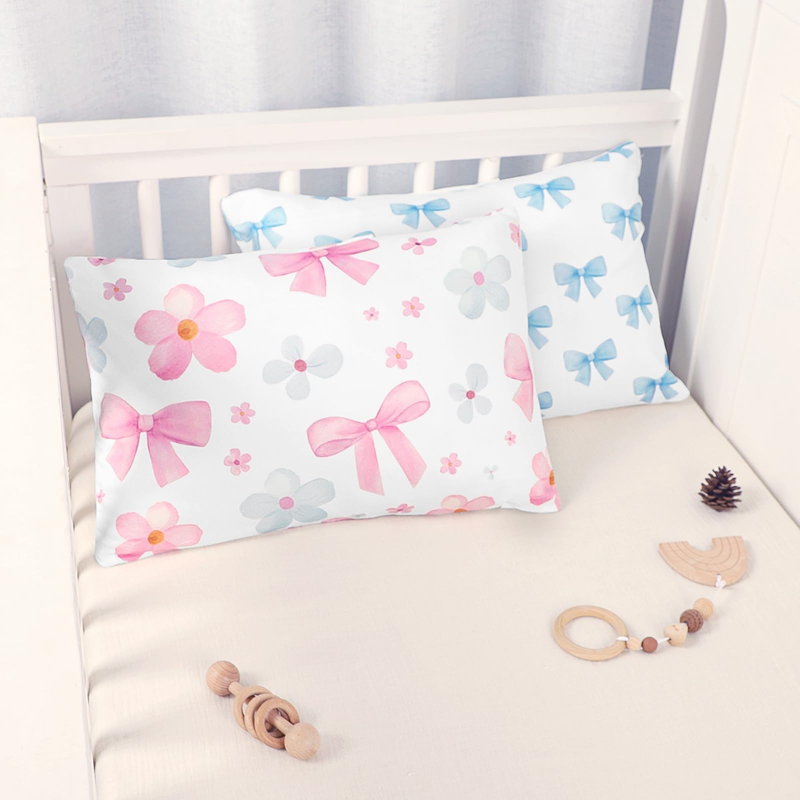 Hooyax toddler pillowcase bow-flower print, two-pack for easy rotation.