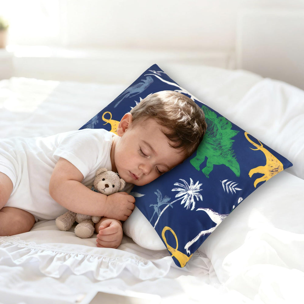 Hooyax toddler pillowcase dinosaur print on bed showcasing vibrant colors for nursery
