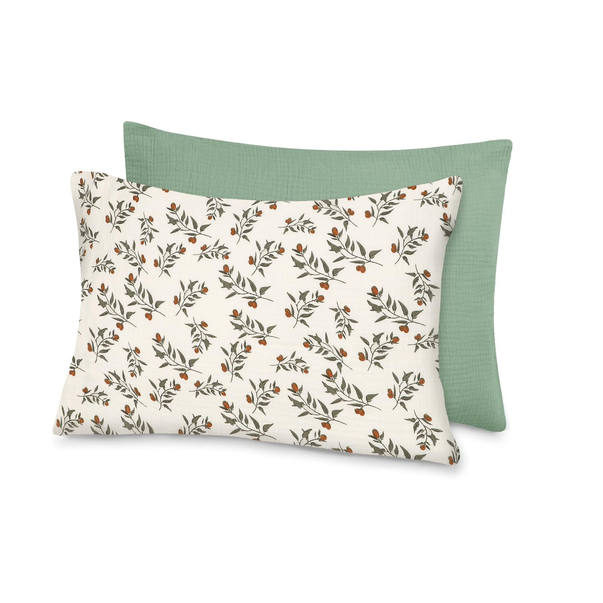 Hooyax toddler pillowcase green leaf close-up shows soft muslin texture for gentle comfort.