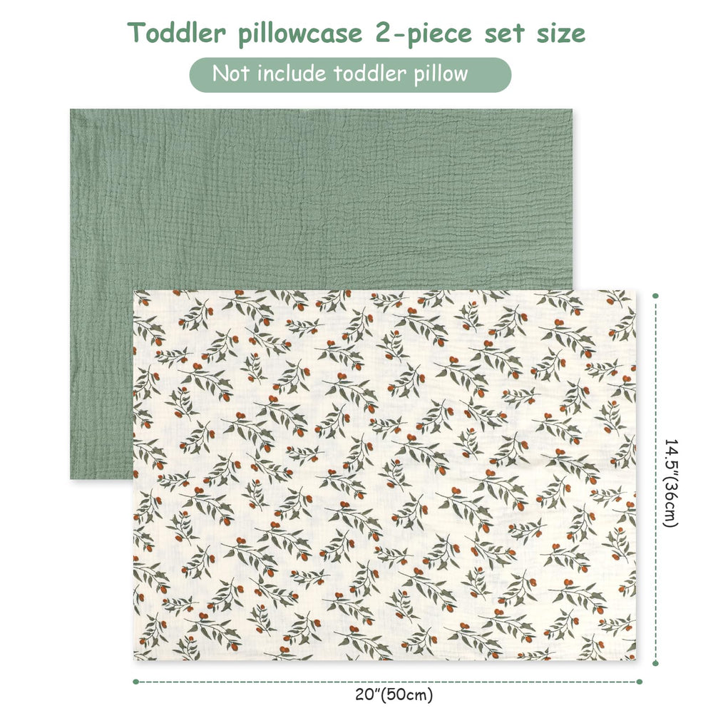 Hooyax green leaf pillowcase shown with toddler travel bag for easy packing.