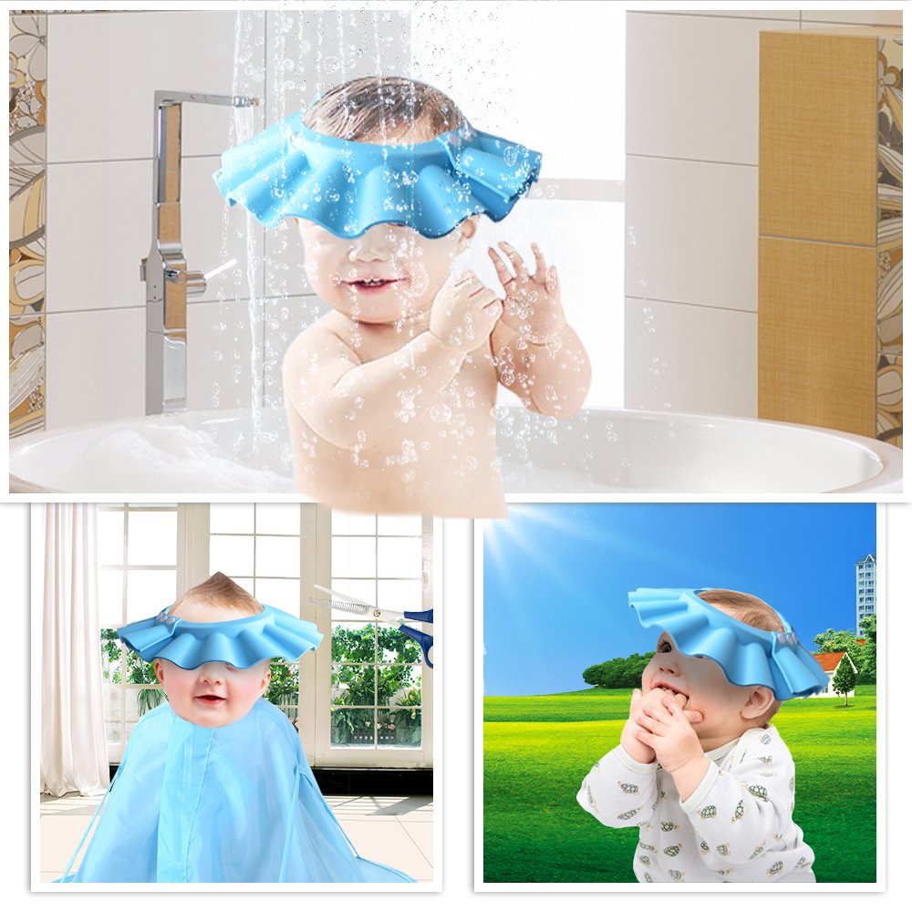 HOOYEE Safe Shampoo Cap blue version worn by child during bath