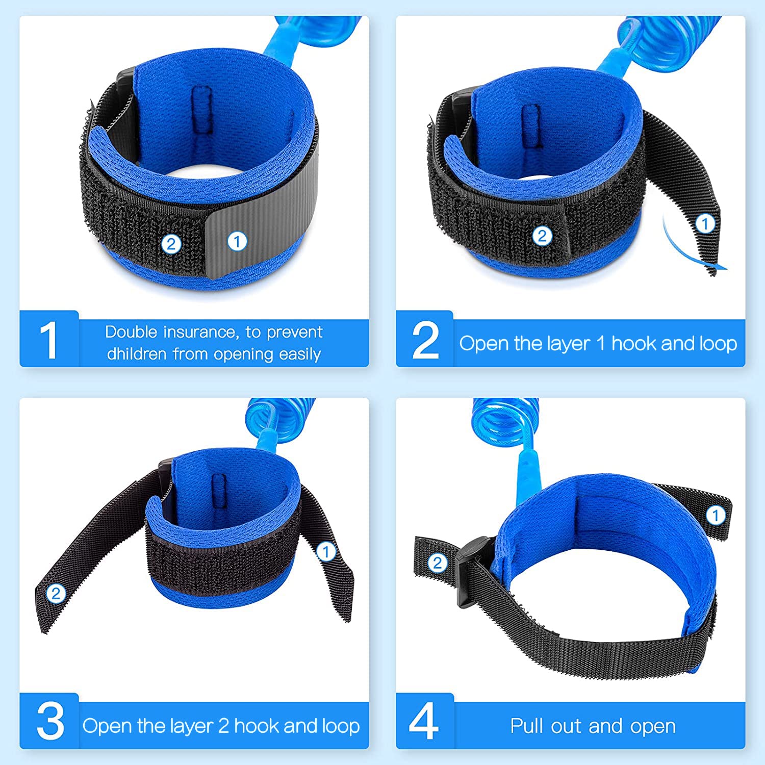 Hooyyene blue wrist link with durable stainless steel rope.