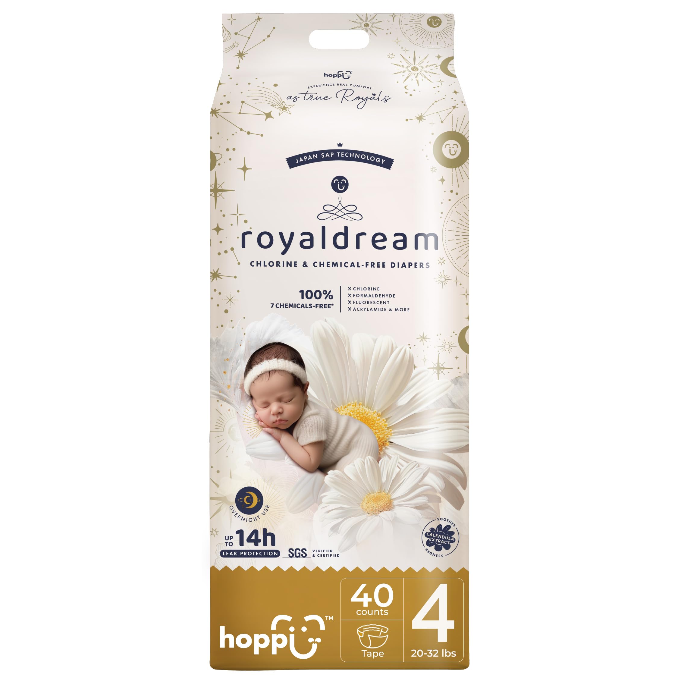 Hoppi Baby Diapers Size 4 Tape—secure side fit for active babies and leak protection.