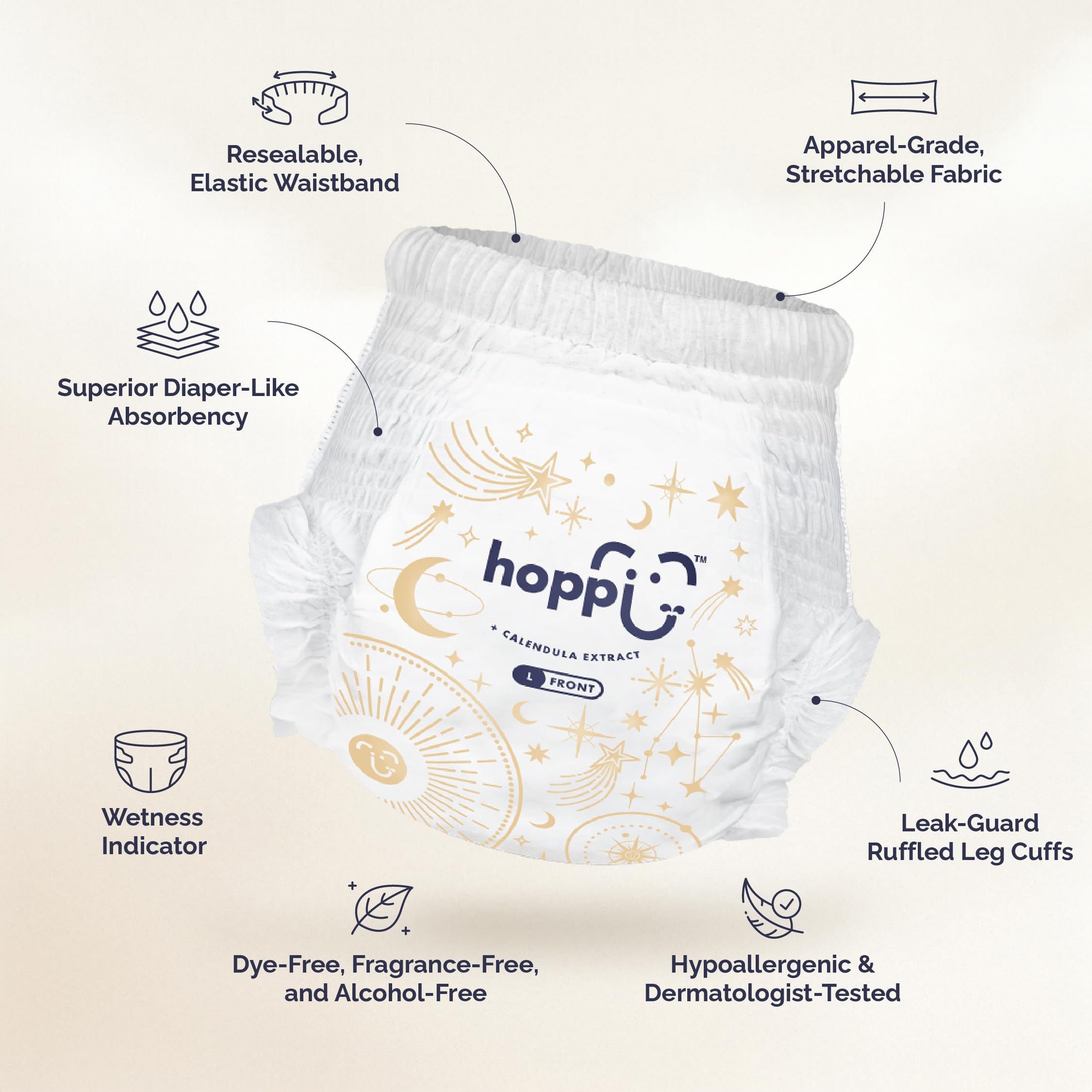 Hoppi 360° pull-on diaper offering overnight absorption for dry mornings.