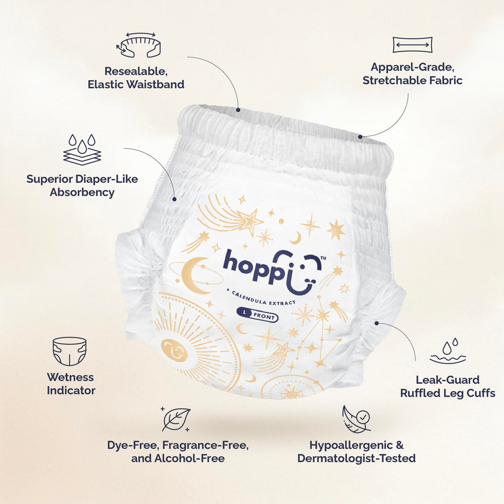 Hoppi 360° pull-on diaper offering overnight absorption for dry mornings.