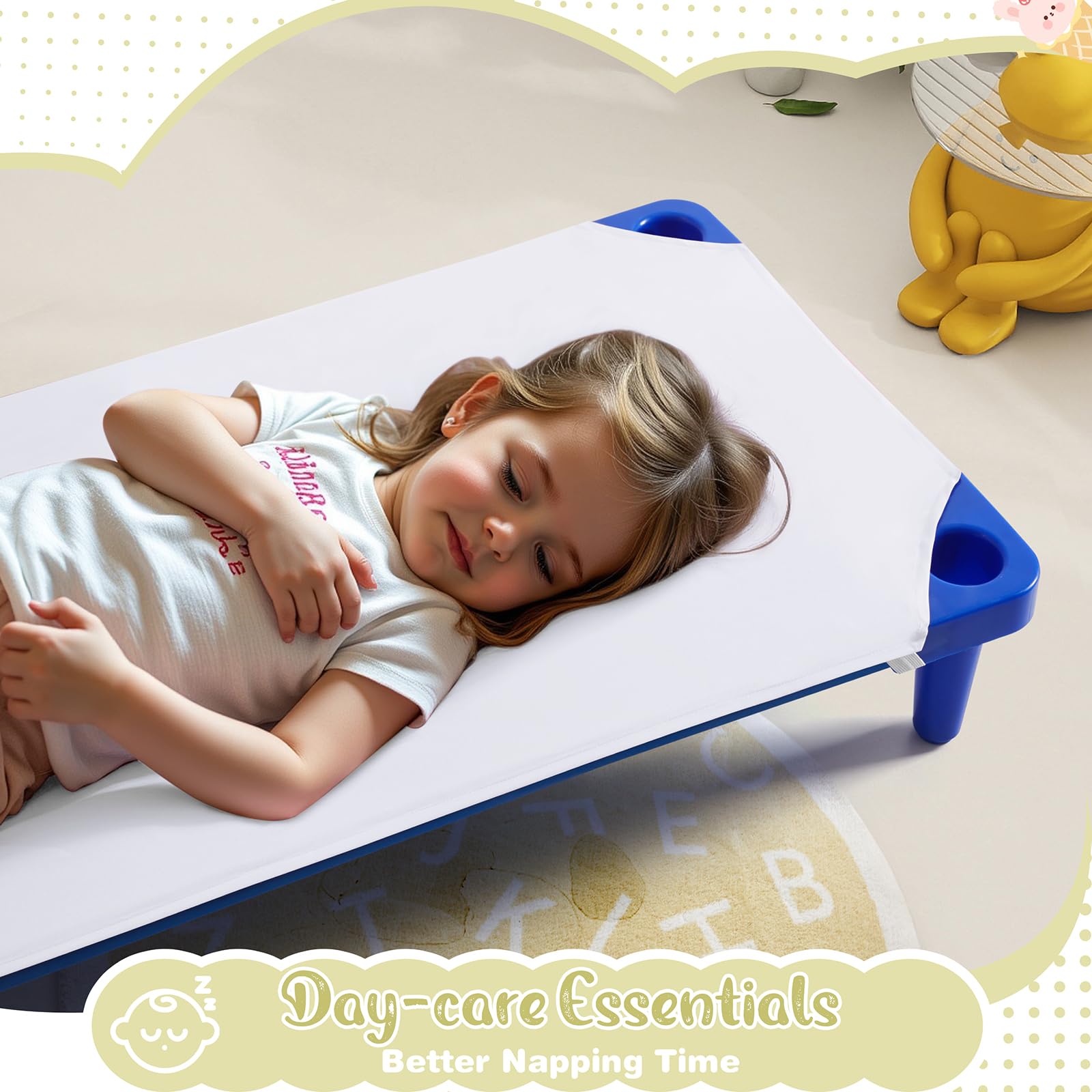 Horbaunal cot sheets with elastic corners stay in place during active naps.