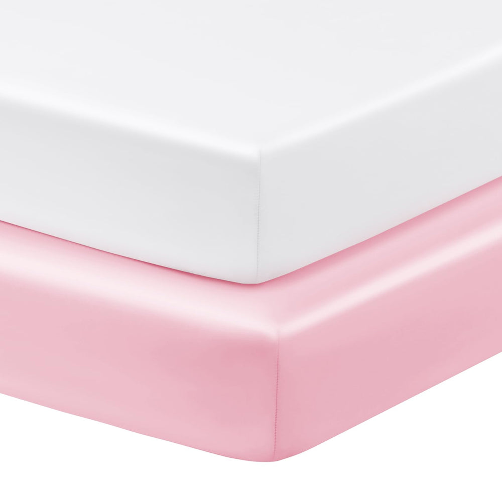 Horbaunal satin pack n play sheets pink-white folded, showing soft finish for baby.
