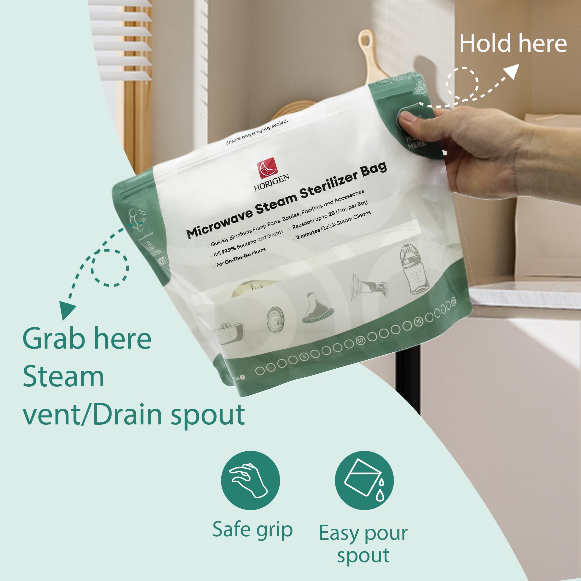 HORIGEN bottle parts in bag ready for easy sanitation and organization.
