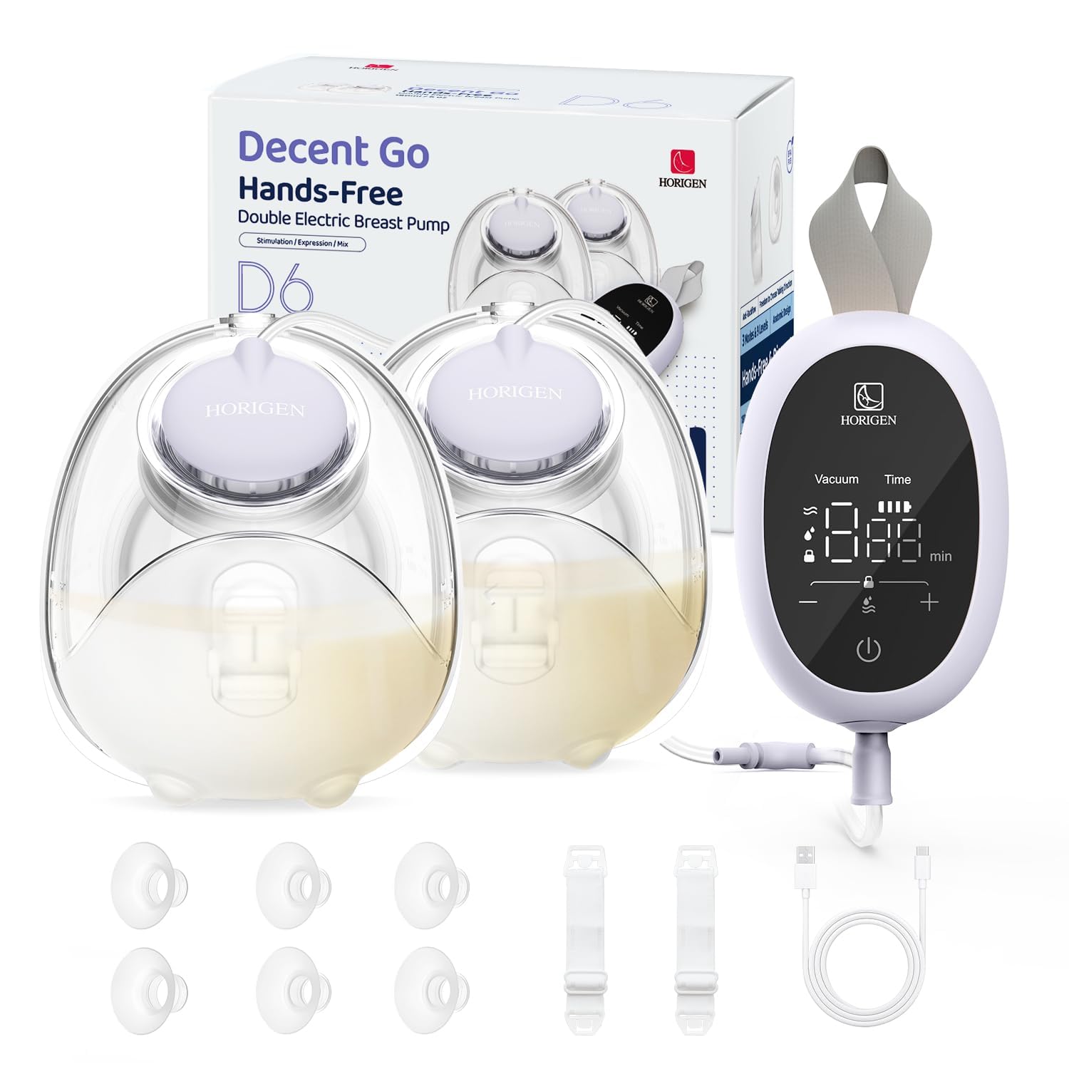 HORIGEN D6 wearable breast pump with buckle enabling hands-free pumping on the go.