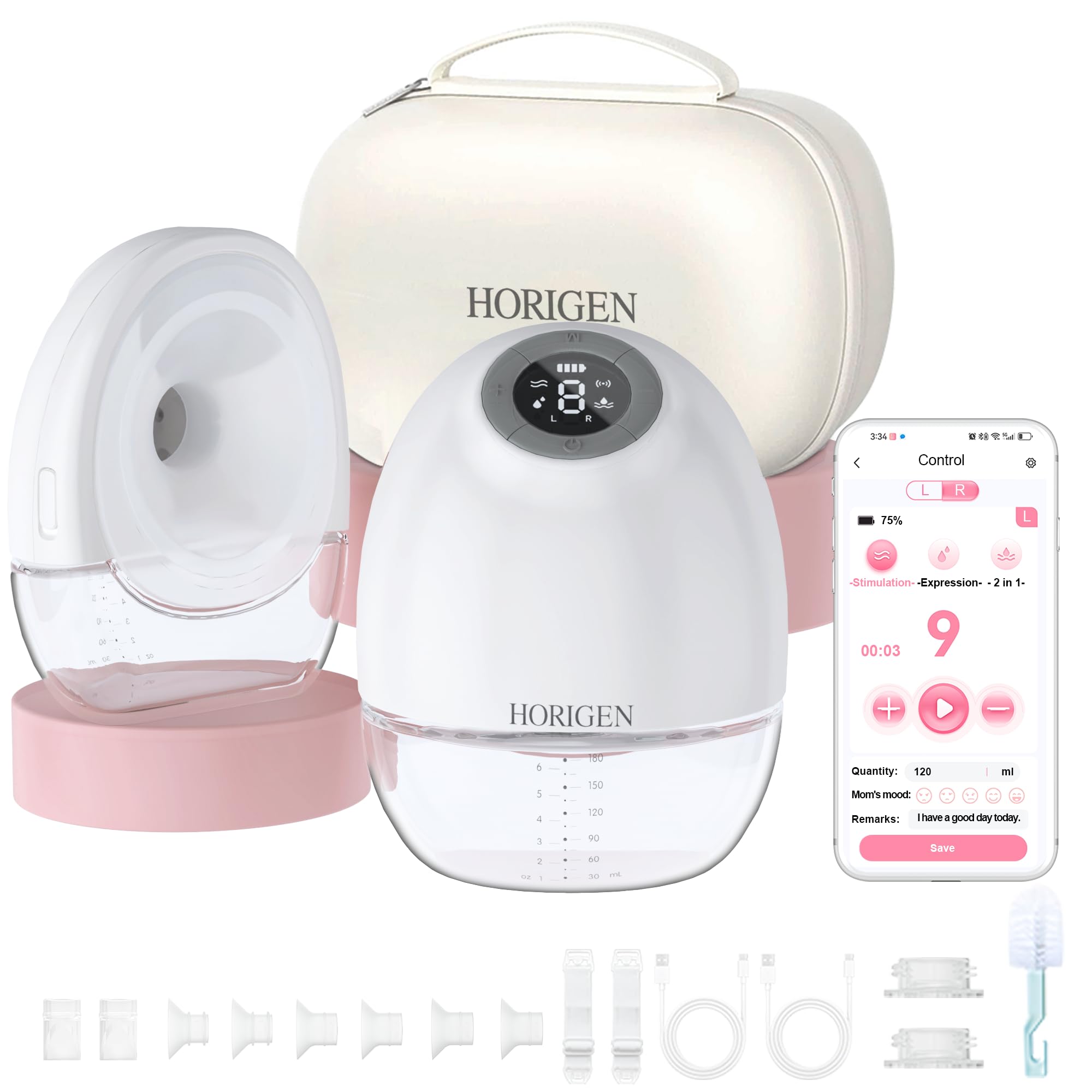 HORIGEN E4 wearable pump app control shows hands-free pumping capability and session control.