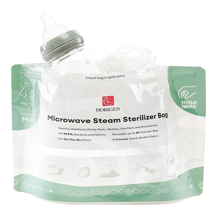 HORIGEN larger microwave sterilizer bags show bottles inside for quick on-the-go sanitation.