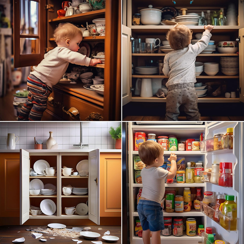 Horuce white cabinet locks blend with modern kitchens and nurseries.
