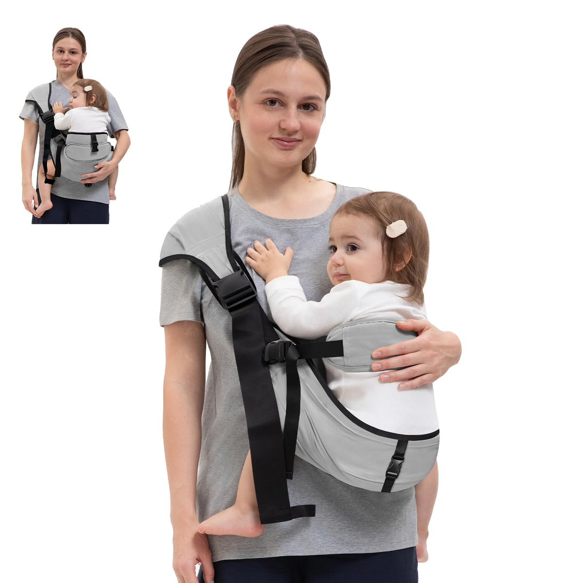 HORUMP baby carrier in grey showing growth-stage use for hands-free care.