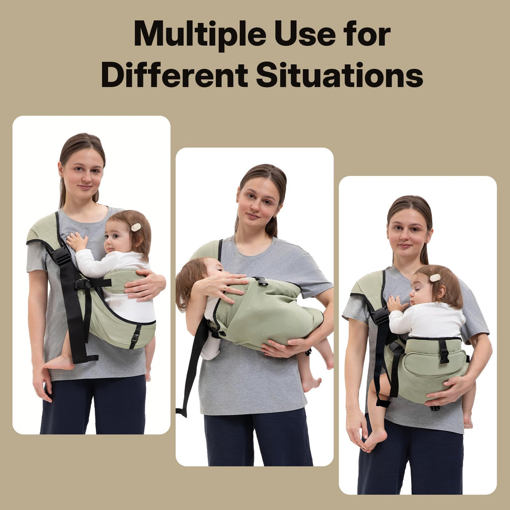 HORUMP Carrier sitting mode demonstrates versatile daily carry options for parent and baby.