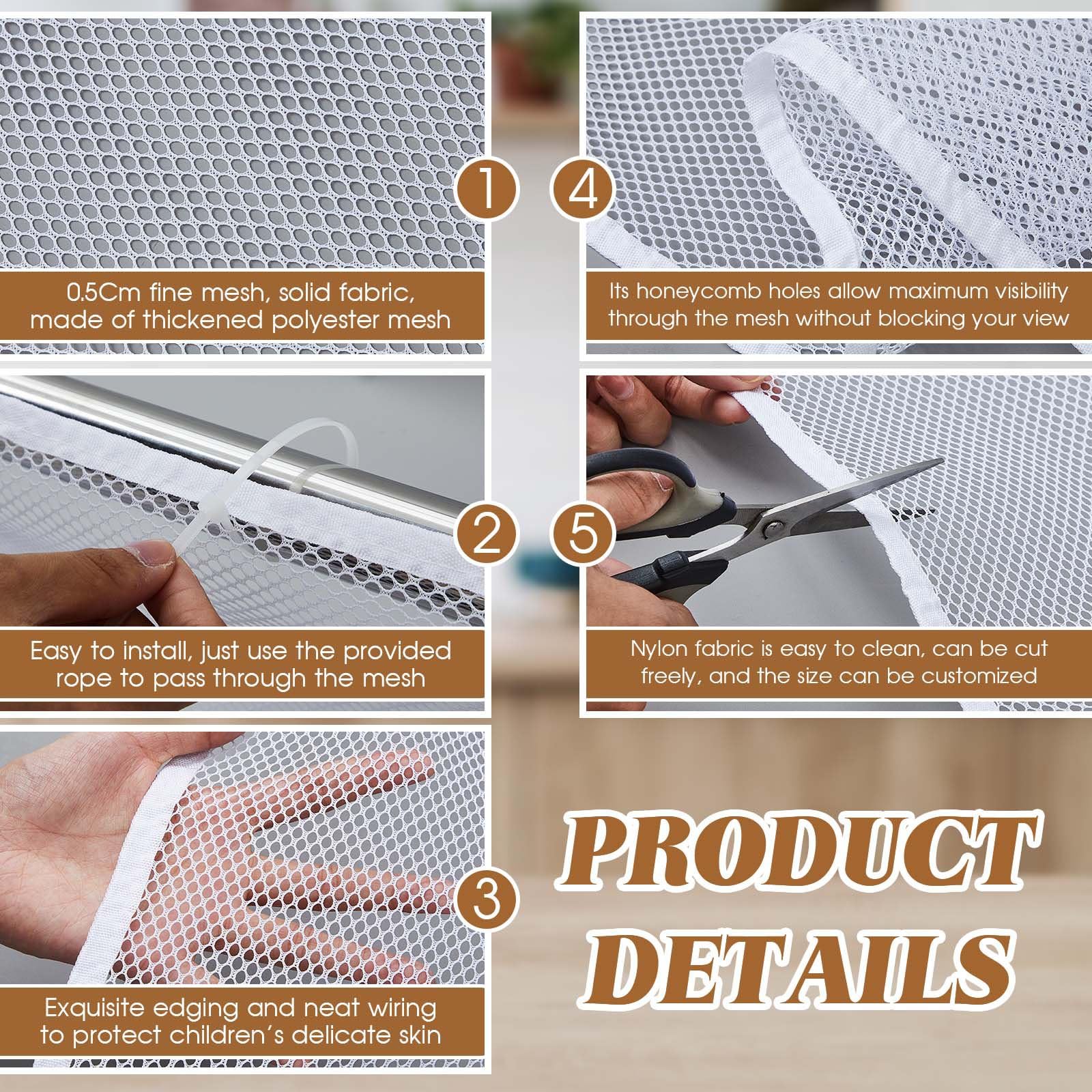 Hosuly baby gate net with neat margins protects kids on balconies.