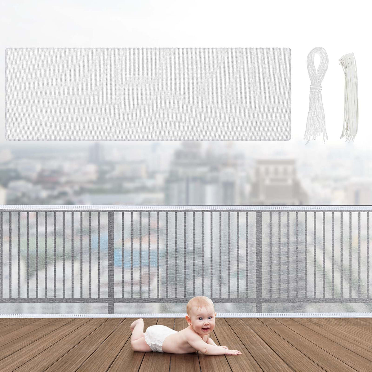 Hosuly Banister Guard netting closeup shows durable polyester mesh for stair safety.