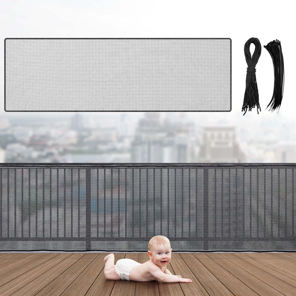 Hosuly Banister Guard rail-cover shows full balcony netting for child protection.
