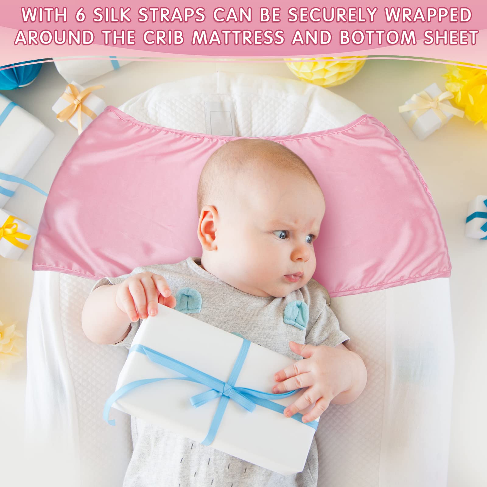 Hosuly satin bassinet sheet washable-care close-up shows machine-washable and reusable design.