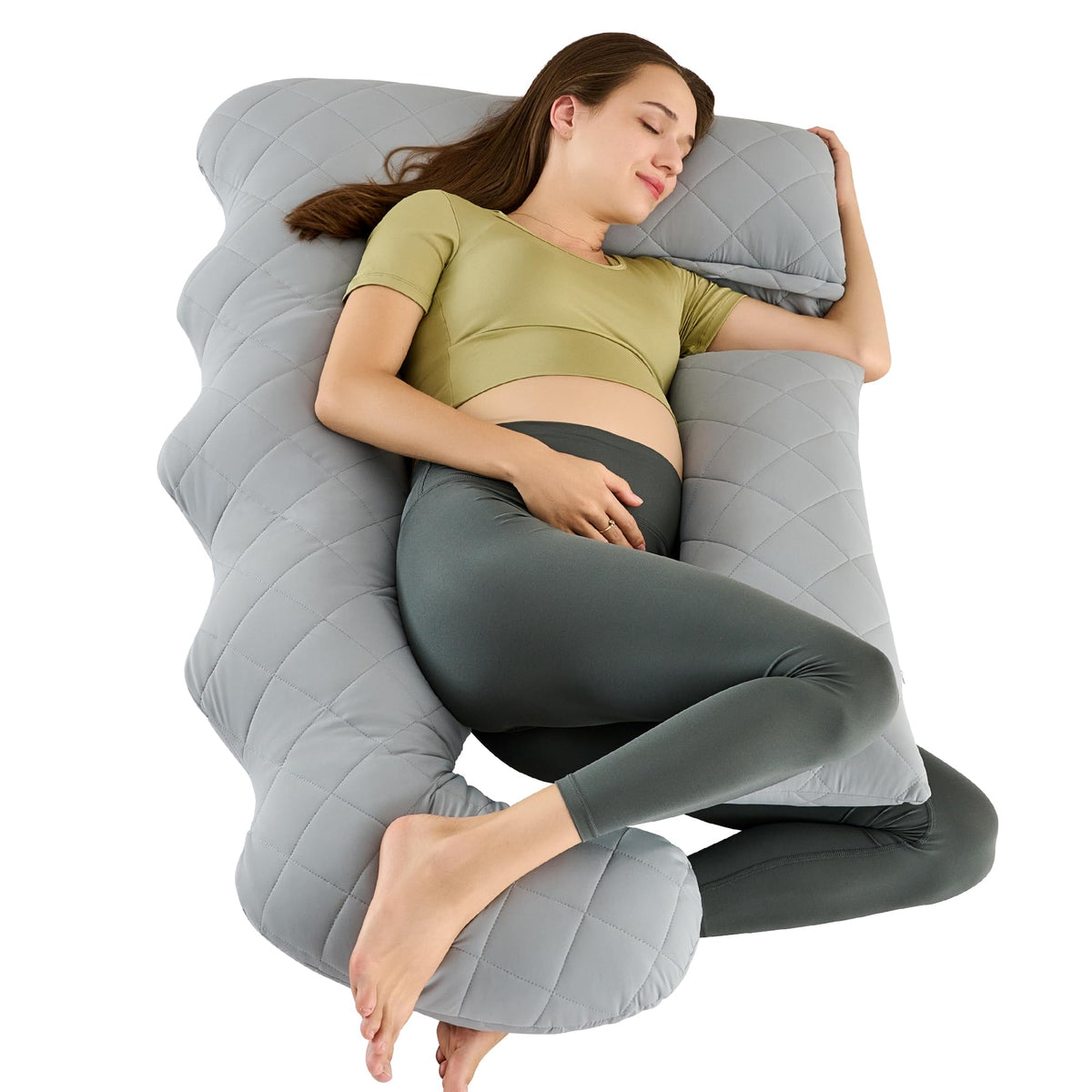 HOTHUGZ pregnancy pillow full-body ergonomic design supports head to spine for side sleeping.