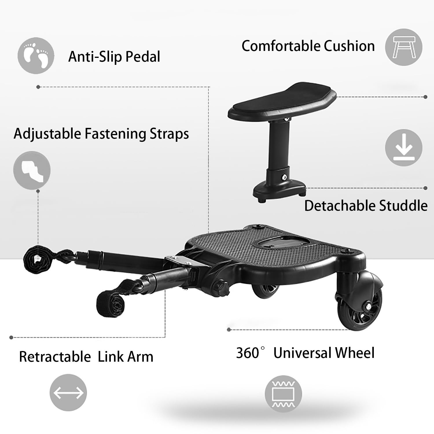 HOTMUZ universal stroller board adjustable-pedal-angle allows ergonomic alignment on different strollers.