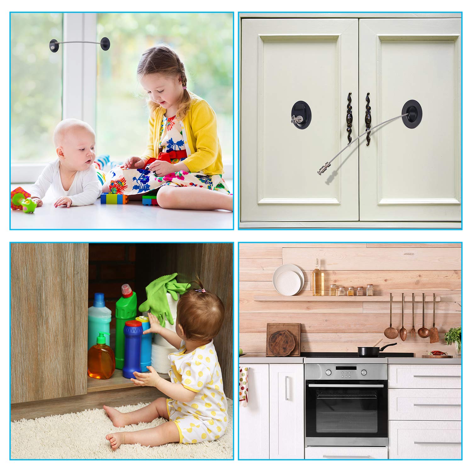 Hotop kitchen cabinet use showing locks securing pantry items and drawers.