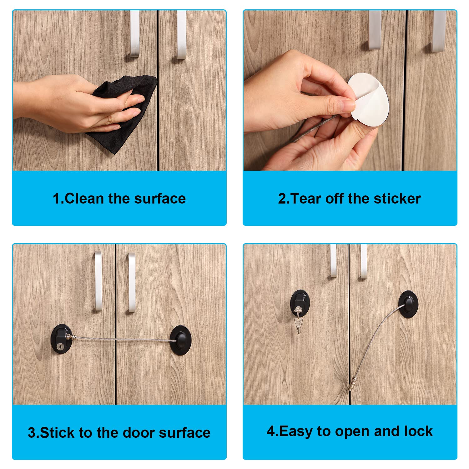 Hotop refrigerator lock in use on a kitchen cabinet illustrating childproofing potential.