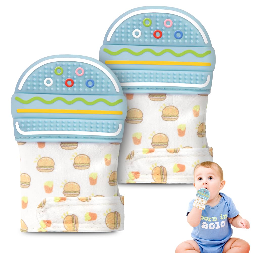 HOTUT hamburger teething mitten close-up with textured bumps for gum relief