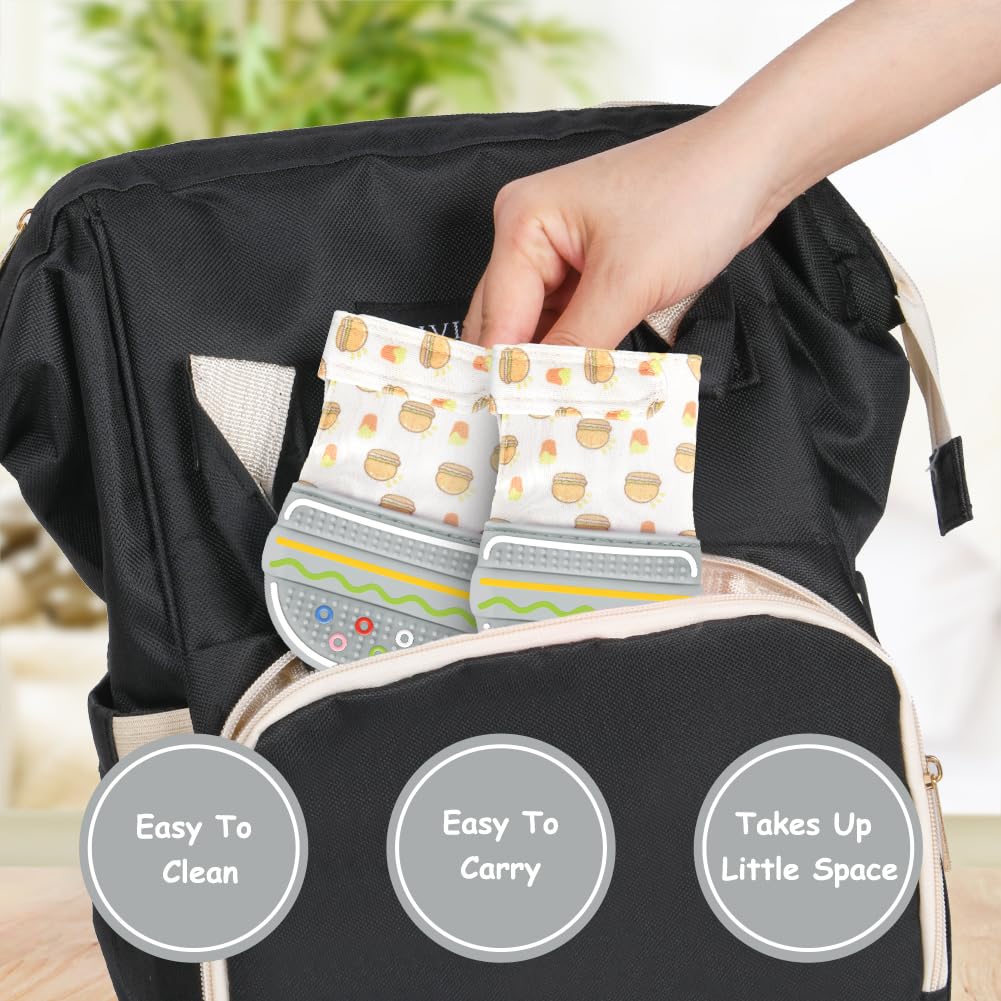 HOTUT teething mitten cow closeup emphasizes dishwasher-safe and boil-safe care.