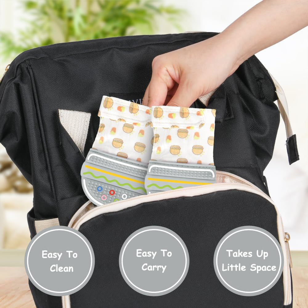 HOTUT teething mitten cow closeup emphasizes dishwasher-safe and boil-safe care.