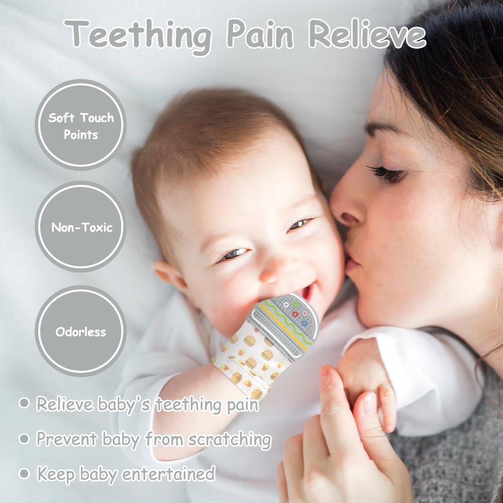 HOTUT teething mitten cow side view features durable silicone massage bumps.