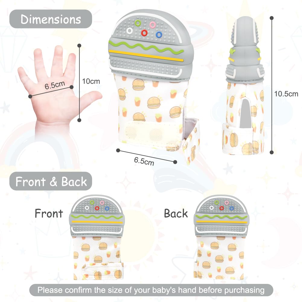 HOTUT teething mitten hamburger closeup highlights safe silicone and easy cleanup benefits.