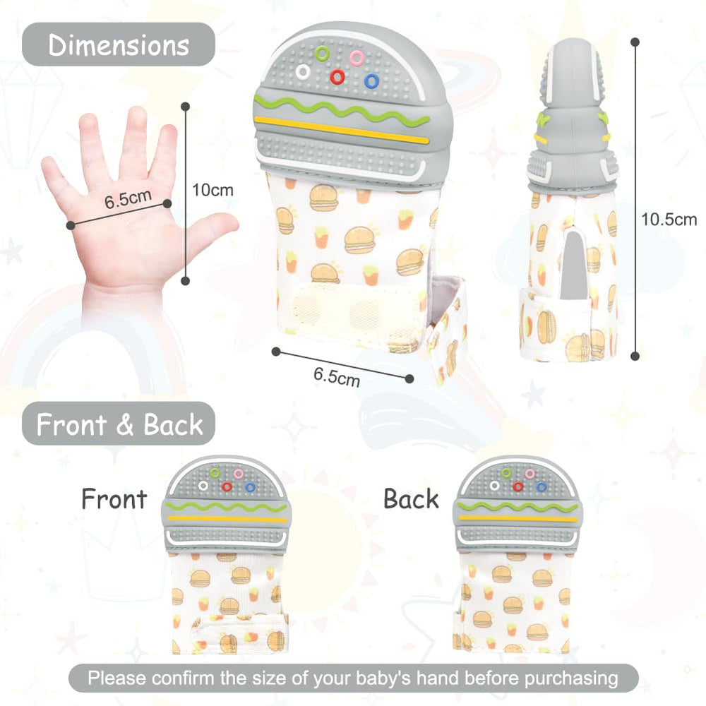 HOTUT teething mitten hamburger closeup highlights safe silicone and easy cleanup benefits.