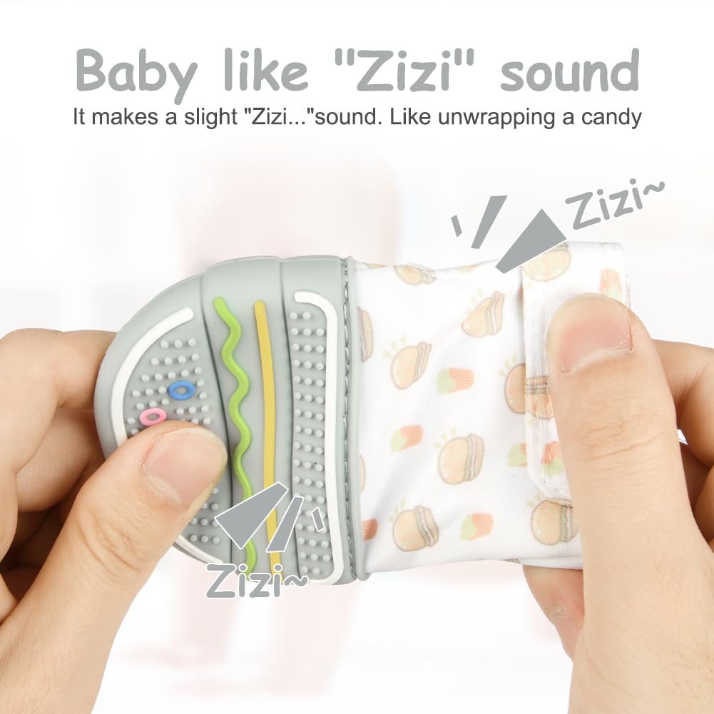 HOTUT teething mitten rabbit closeup shows adjustable strap for secure fit.